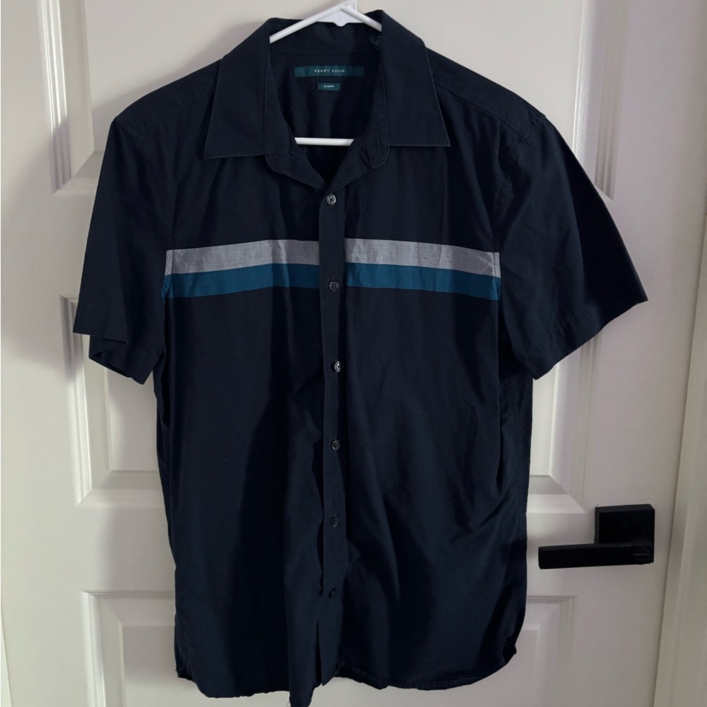 Perry Ellis Blue Short Sleeve Button-Up Shirt with Blue & Gray Stripes
